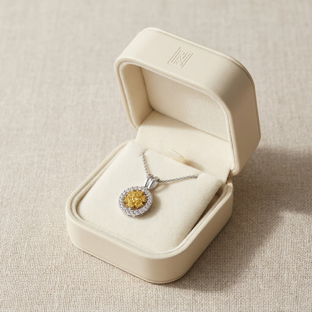 Yellow Sapphire Cluster Pendant With Diamond Halo Border In 18k Yellow And White Gold (17-in Spiga Chain), in navy velvet jewelry box