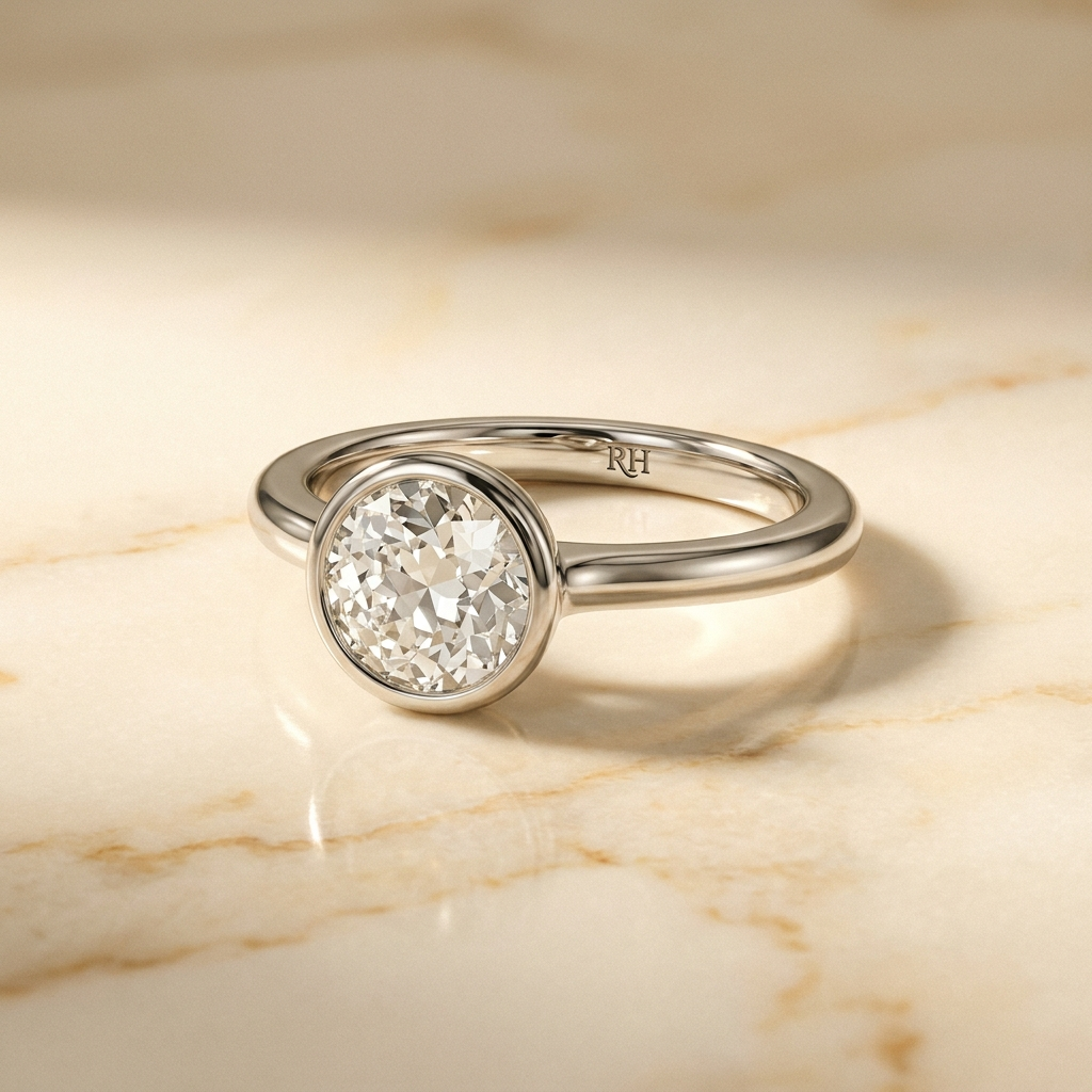 The Agnes Select bezel solitaire old european cut engagement ring in platinum — alt-angle hero — RockHer