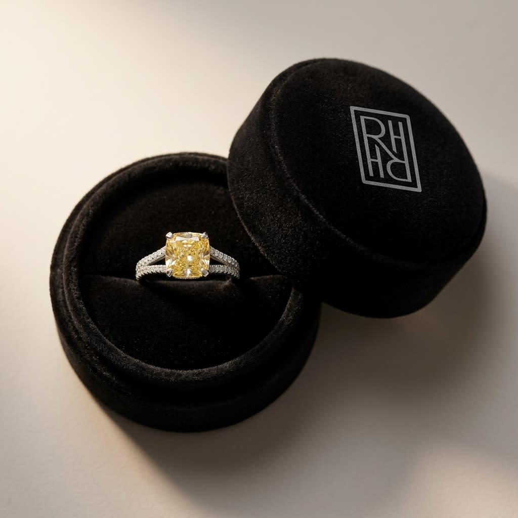 Cushion Yellow Sapphire and Diamond Ring in 18K White Gold, 3.00ct, in navy velvet jewelry box