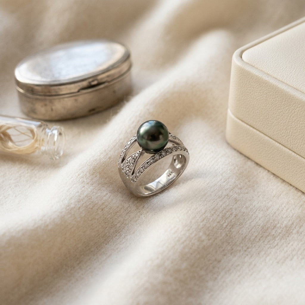 Cultered Pearl & Diamond Multi Row Ring in 18K White Gold - flat lay