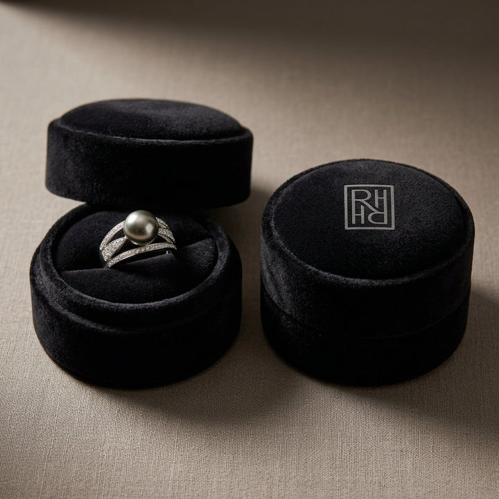 Cultered Pearl & Diamond Multi Row Ring in 18K White Gold - presentation