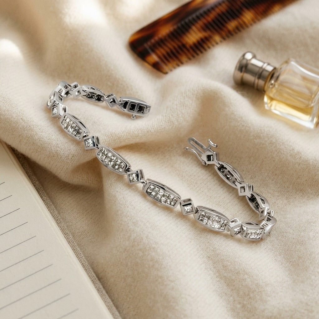 Diamond Princess Invisible-Set Bracelet with Square Bezel Links in 18K White Gold - flat lay