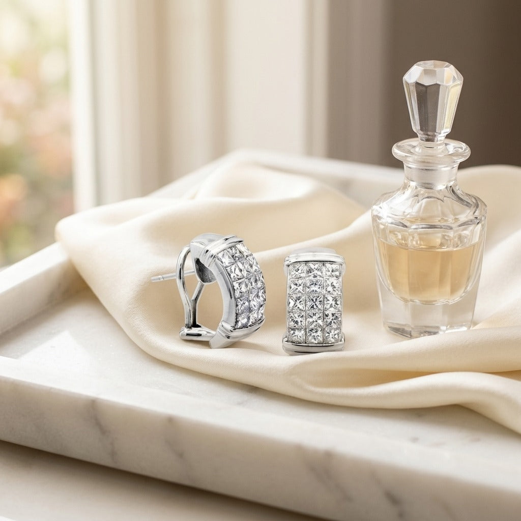 Invisible Set Diamond & Gold Omega Clip Earrings in 18K White Gold - lifestyle