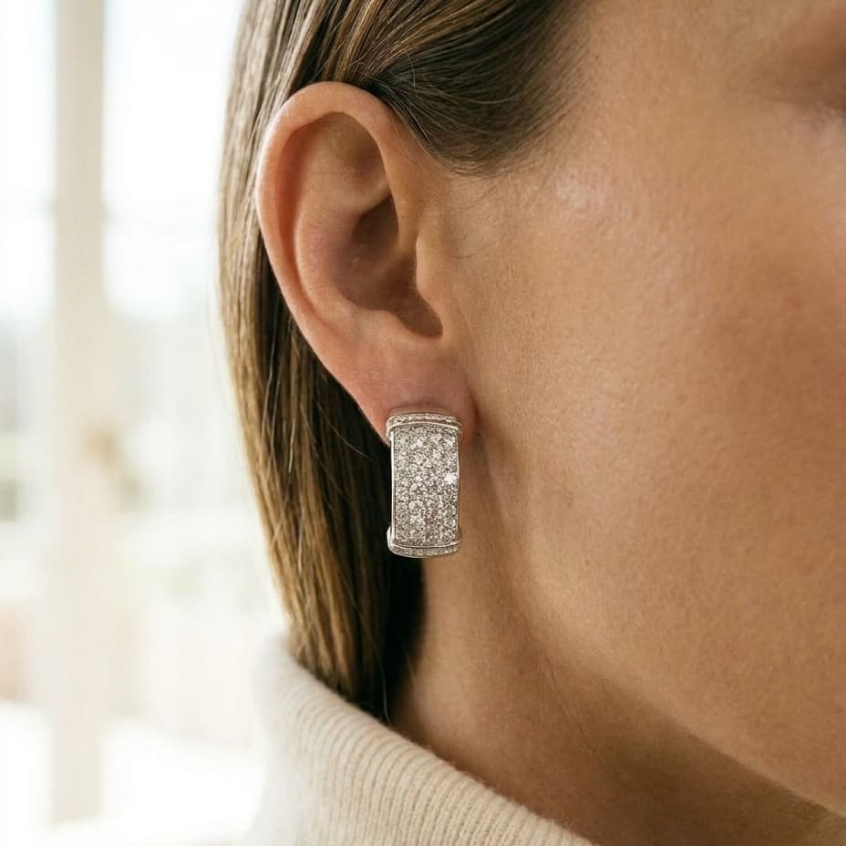 Diamond Earrings in 18K White Gold, worn close-up portrait