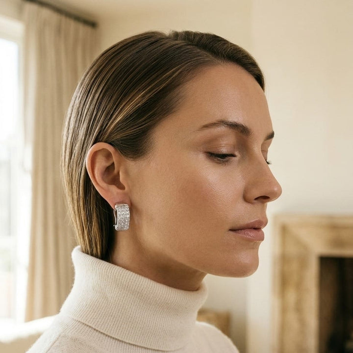 Invisible Set Diamond & Gold Omega Clip Earrings in 18K White Gold - editorial