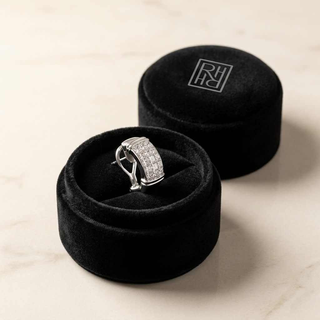 Diamond Earrings in 18K White Gold, in navy velvet jewelry box