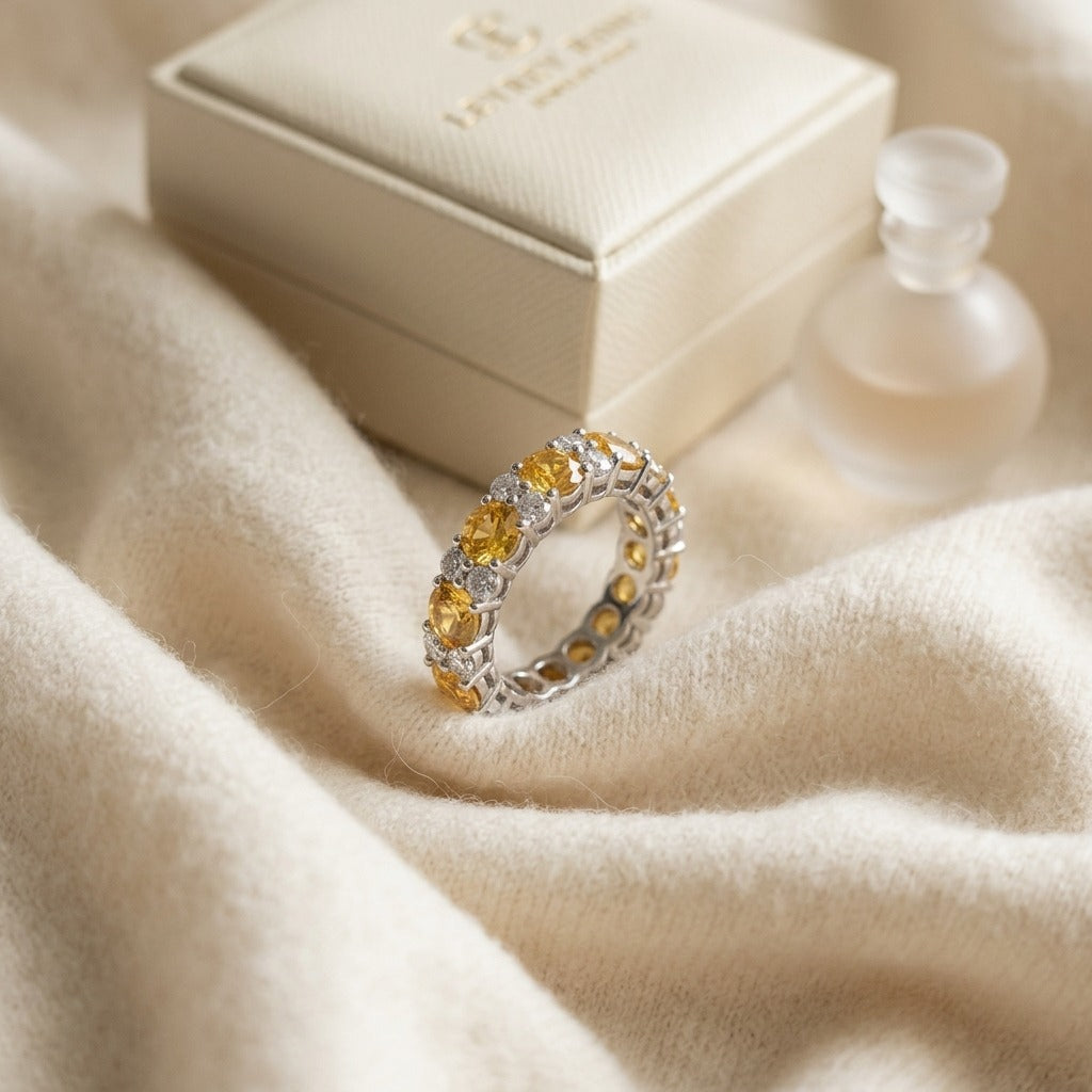 Yellow Sapphie & Diamond Band in 18K White Gold - flat lay