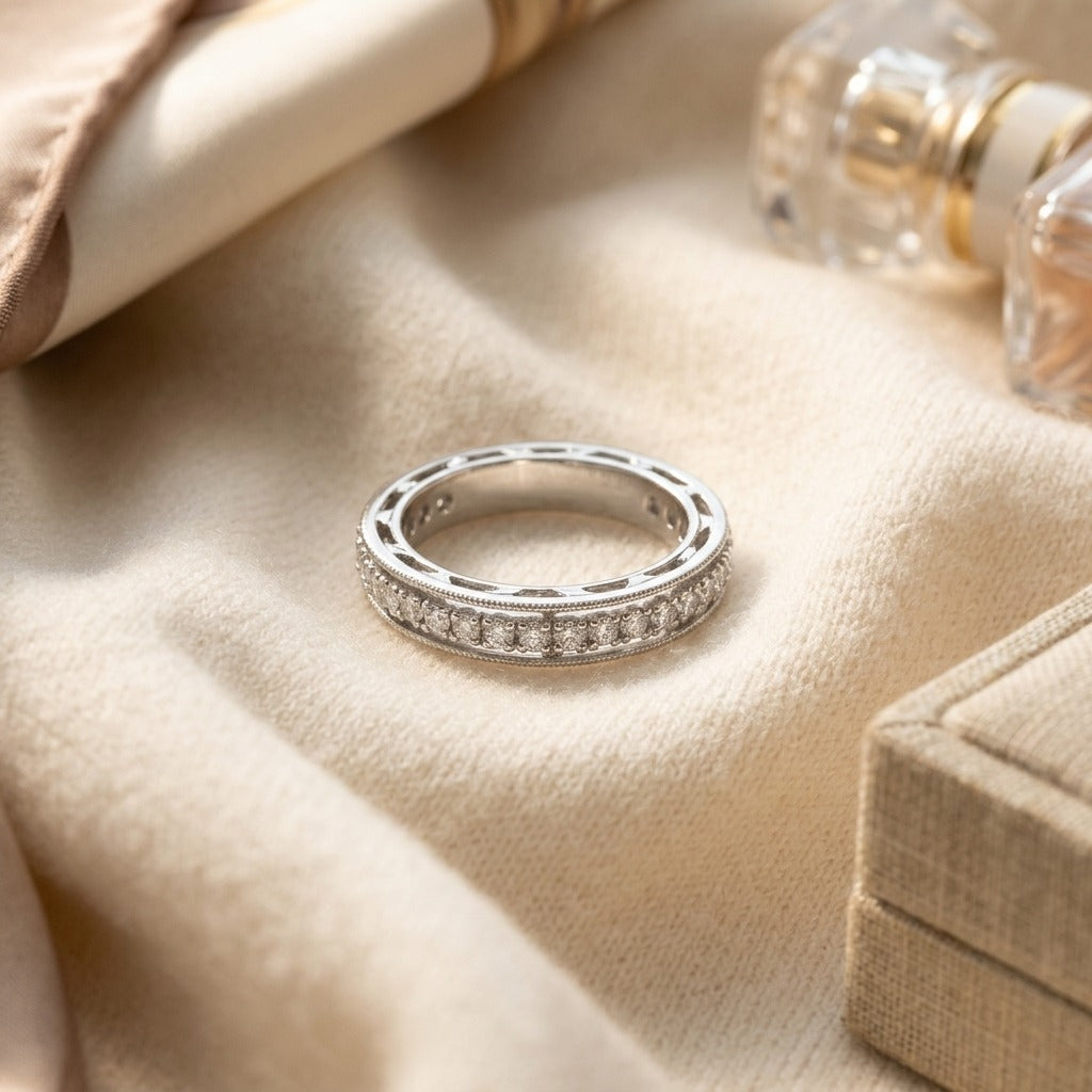 Pave Diamond Band in 18K White Gold - flat lay