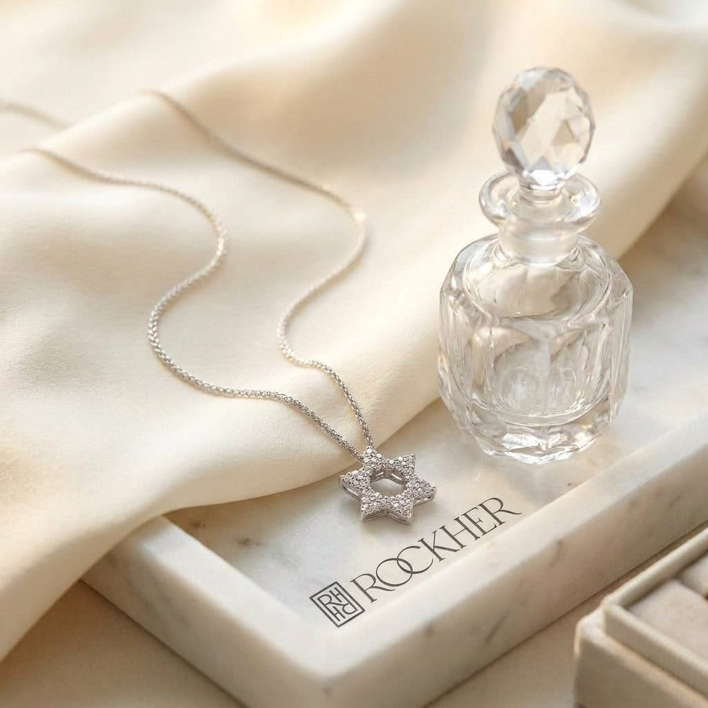 Diamond Pendant in 18K White Gold, 0.25ct, on marble vanity tray with silk
