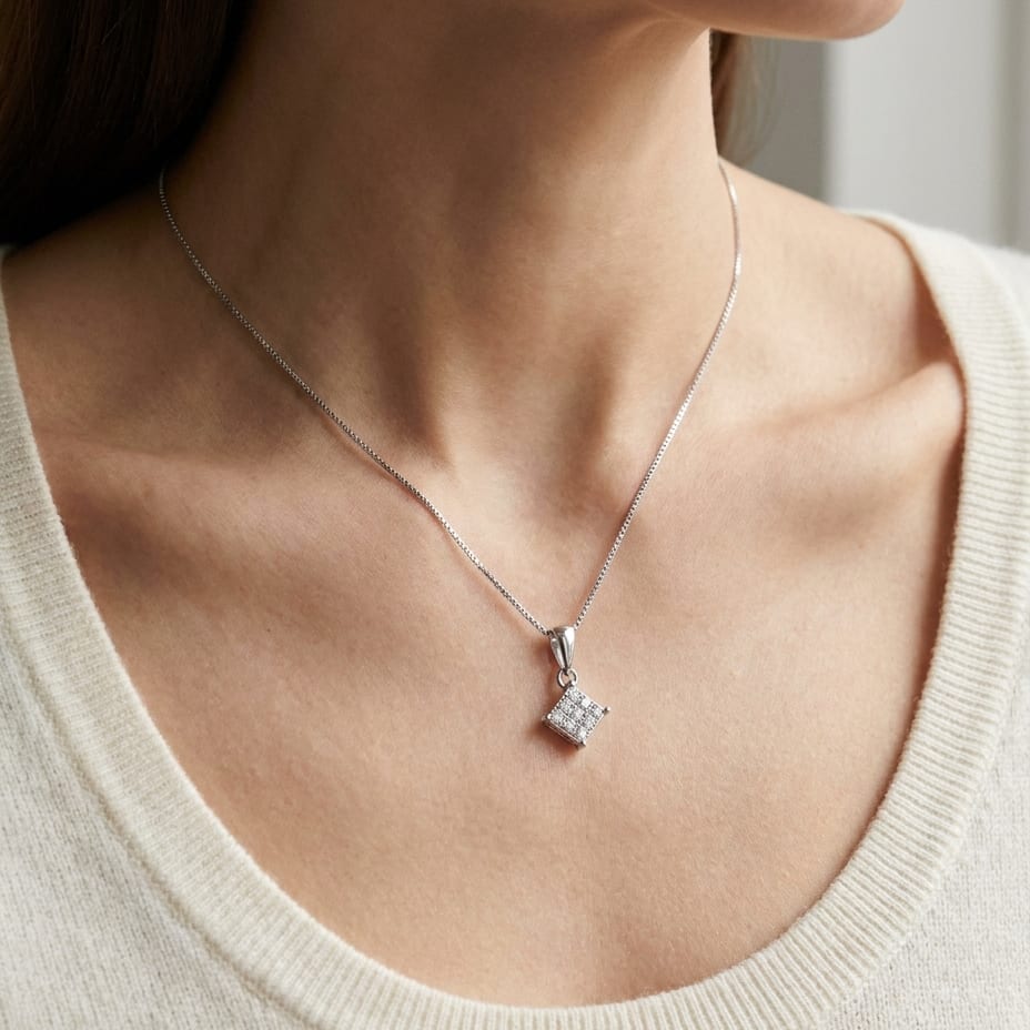 Natural Diamond Princess Cut Pendant in 18K White Gold, 4 ct. t.w., worn close-up portrait