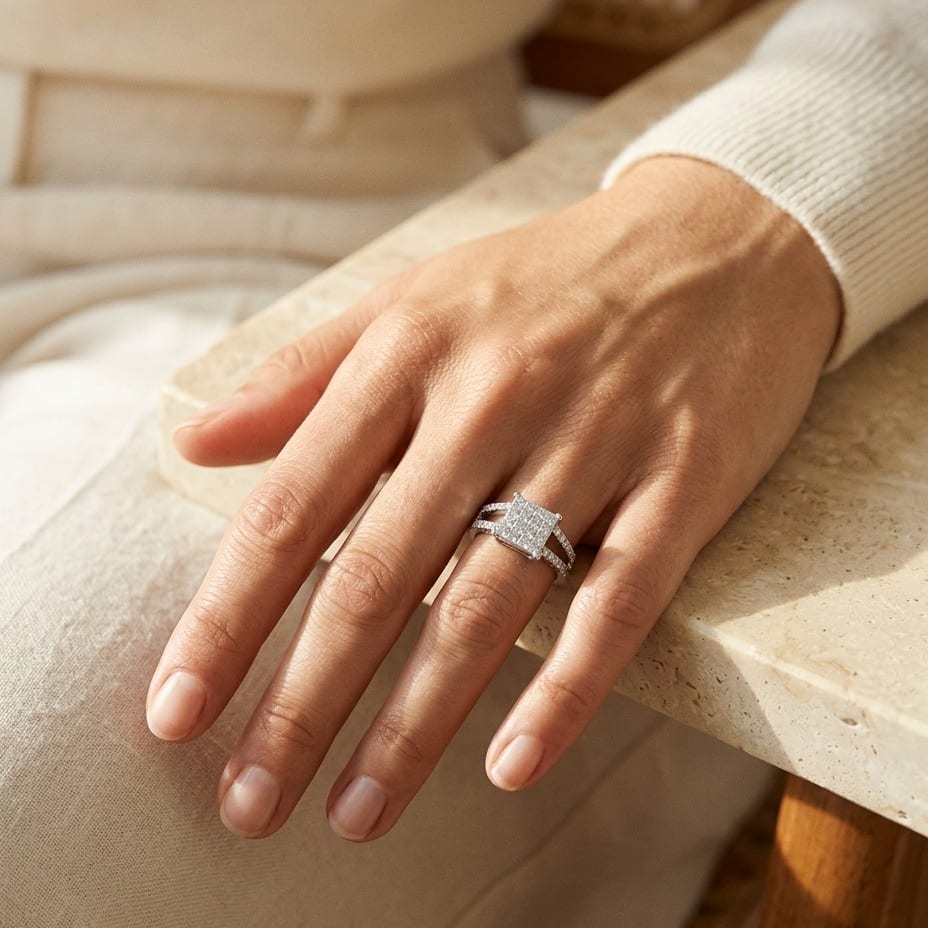 Diamond Princess Invisible-Set Square Center with Round Prong Split Shank in 18K White Gold - lifestyle