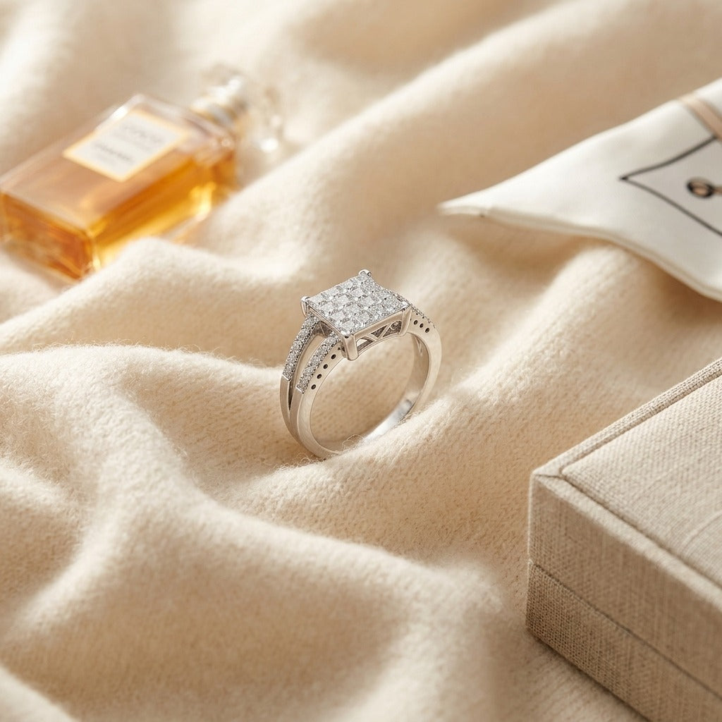 Diamond Princess Invisible-Set Square Center with Round Prong Split Shank in 18K White Gold - flat lay