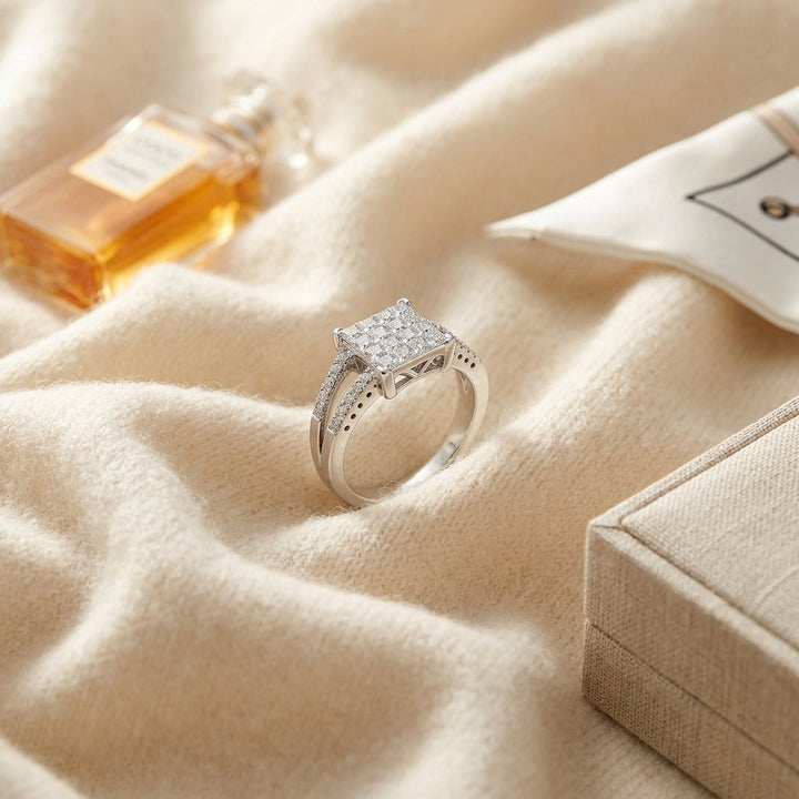 Diamond Princess Invisible-Set Square Center with Round Prong Split Shank in 18K White Gold - flat lay