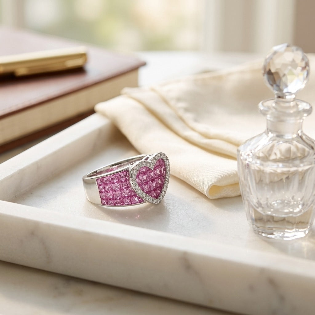 Pink Sapphire & Diamond Heart Band in 18K White Gold - lifestyle