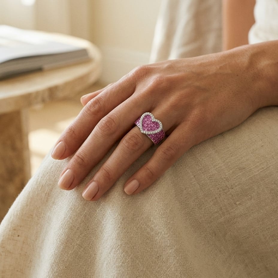 Pink Sapphire & Diamond Heart Band in 18K White Gold - editorial