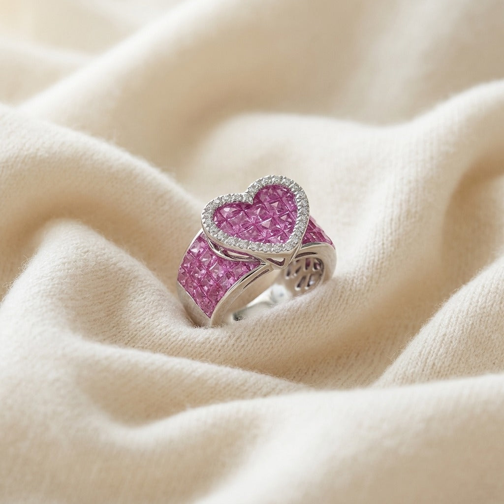 Pink Sapphire & Diamond Heart Band in 18K White Gold - flat lay