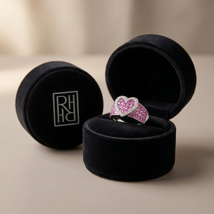 Pink Sapphire & Diamond Heart Band in 18K White Gold - presentation