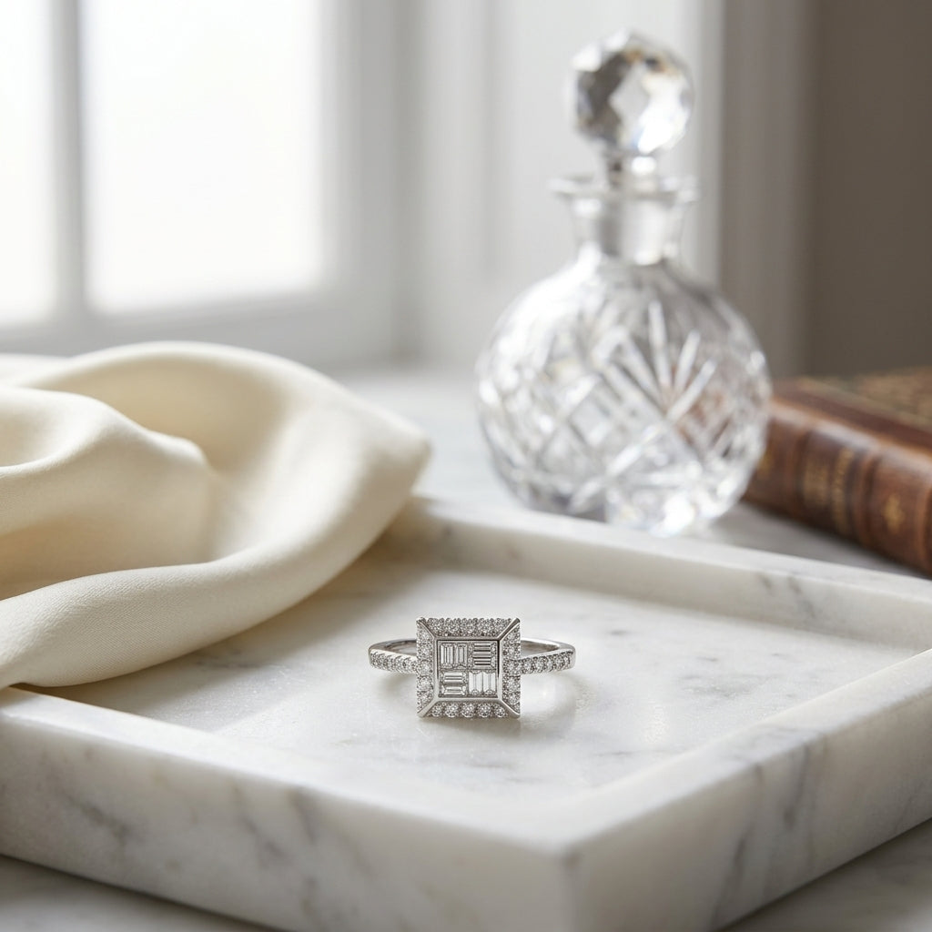 Diamond Baguette Mosaic Geometric Ring in 18K White Gold - editorial