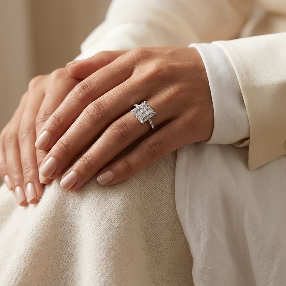 Diamond Baguette Mosaic Geometric Ring in 18K White Gold - lifestyle