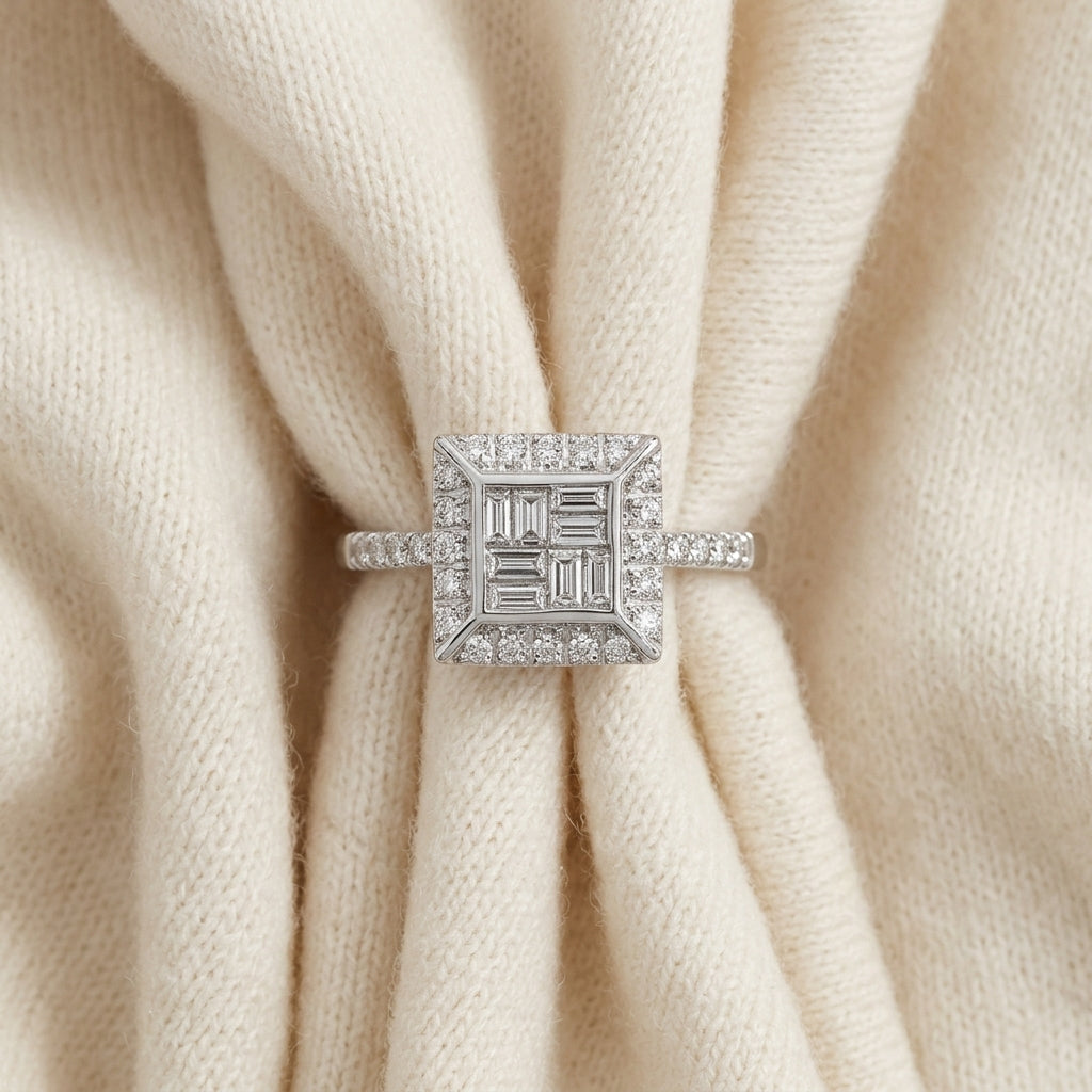 Diamond Baguette Mosaic Geometric Ring in 18K White Gold - flat lay