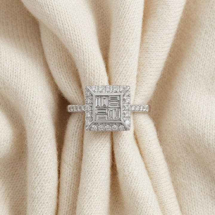 Diamond Baguette Mosaic Geometric Ring in 18K White Gold - flat lay