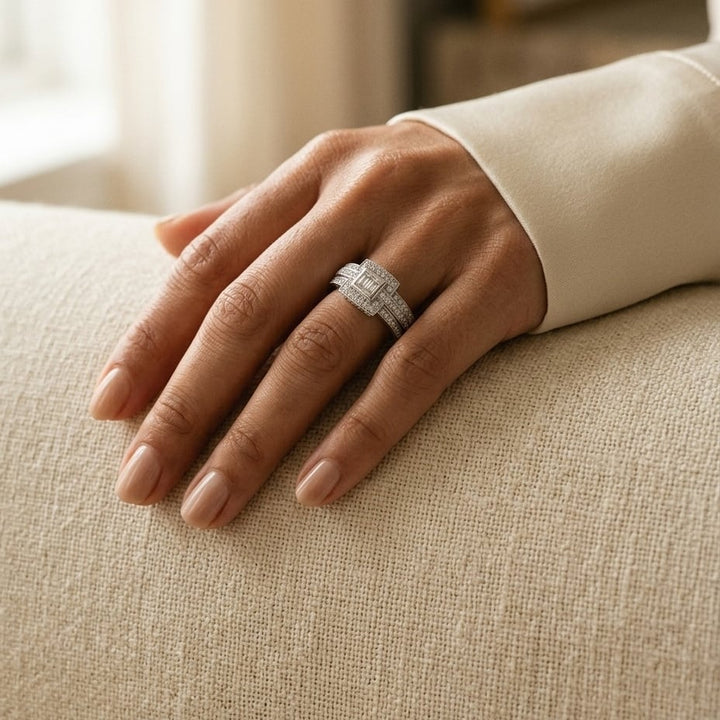 Diamond Illusion Princess Center Ring with Millgrained Triple Row Shank in 18K White Gold - lifestyle