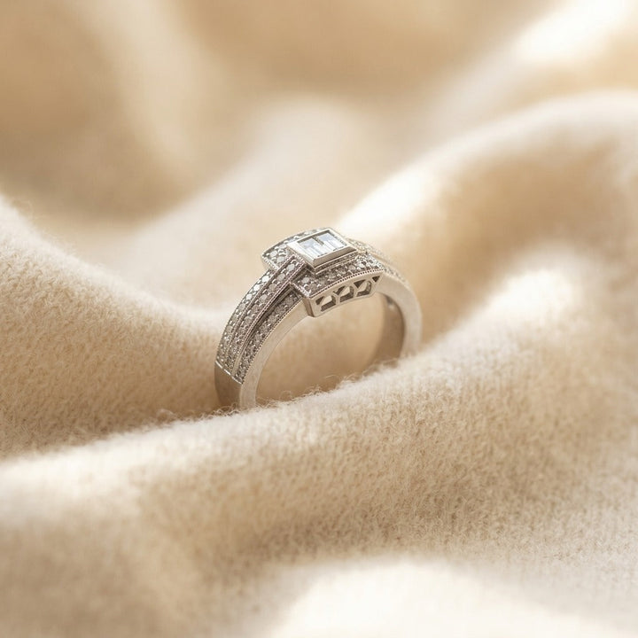 Diamond Illusion Princess Center Ring with Millgrained Triple Row Shank in 18K White Gold - flat lay