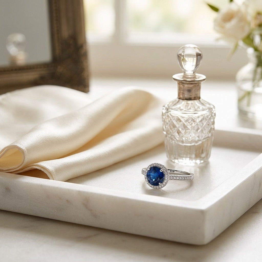 Sapphire Round & Diamond Ring in 18K White Gold - editorial