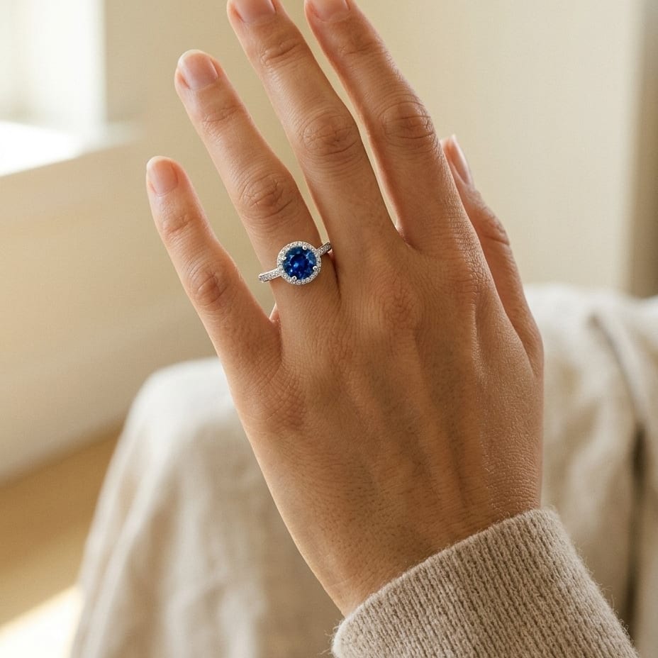 Sapphire Round & Diamond Ring in 18K White Gold - lifestyle