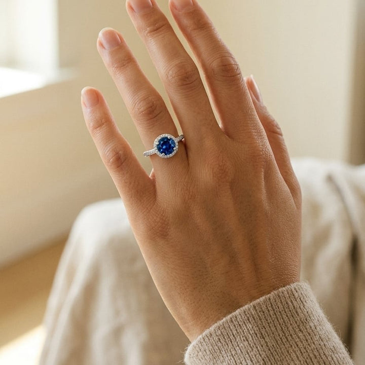 Sapphire Round & Diamond Ring in 18K White Gold - lifestyle