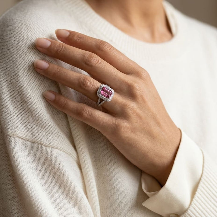 Pink Tourmaline Ring with Pave Diamond Halo & Split Shank in 18K White Gold - lifestyle