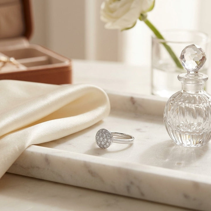 Diamond Domed Puff Pave Ring with High Polish Shank in 18K White Gold - lifestyle