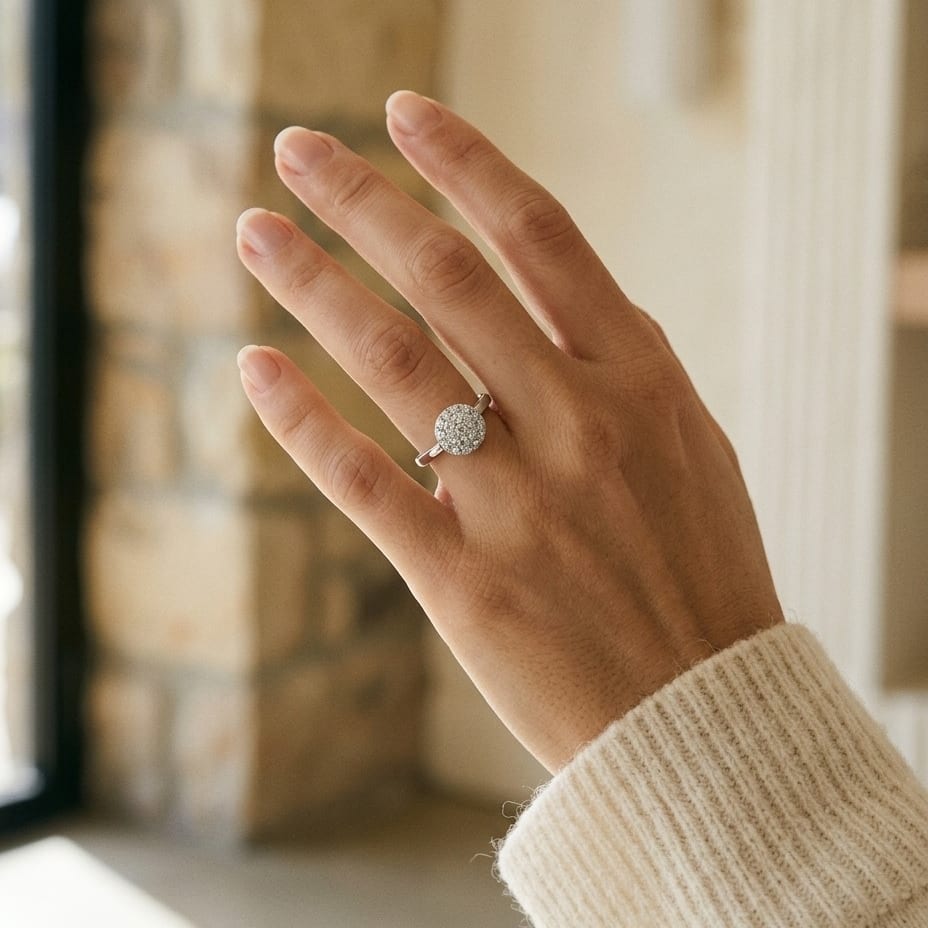 Diamond Domed Puff Pave Ring with High Polish Shank in 18K White Gold - editorial
