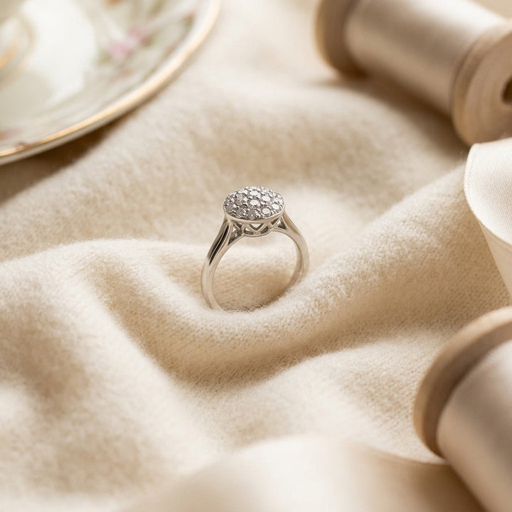 Diamond Domed Puff Pave Ring with High Polish Shank in 18K White Gold - flat lay