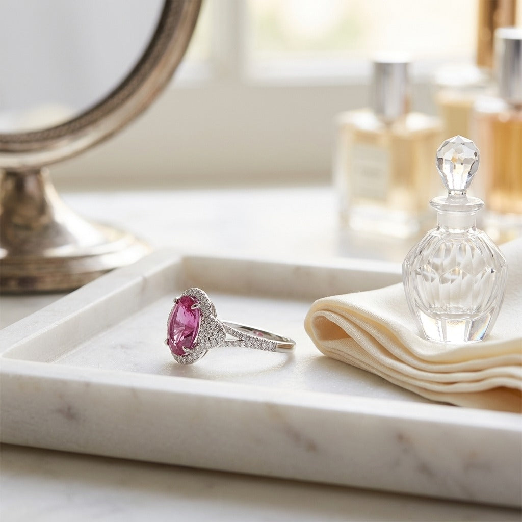 Pink Sapphire Oval & Diamond Ring in 18K White Gold - editorial