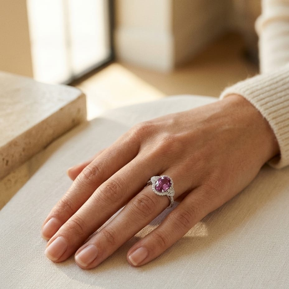 Pink Sapphire Oval & Diamond Ring in 18K White Gold - lifestyle