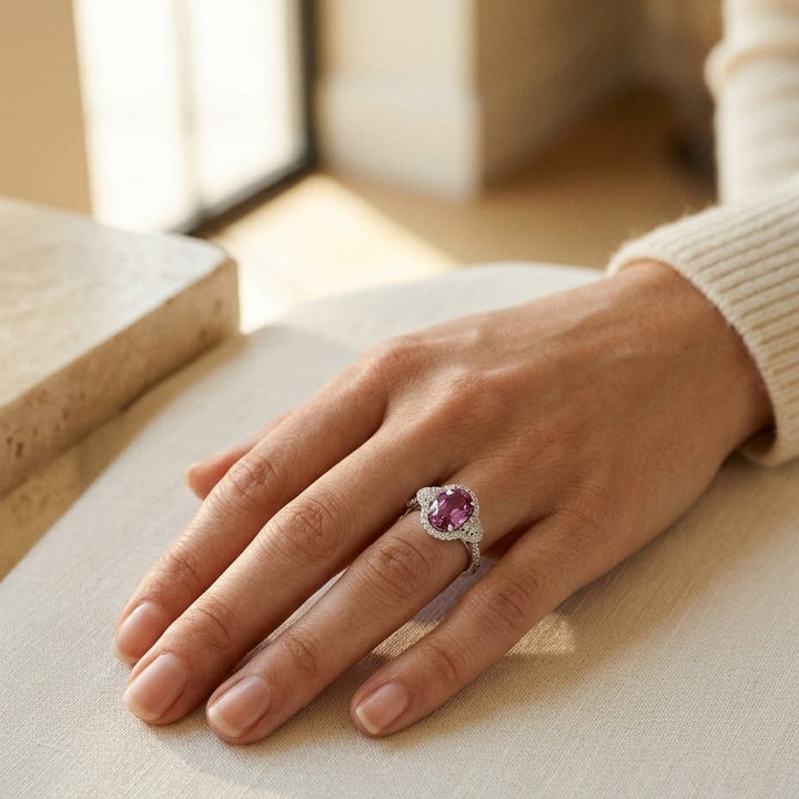 Pink Sapphire Oval & Diamond Ring in 18K White Gold - lifestyle