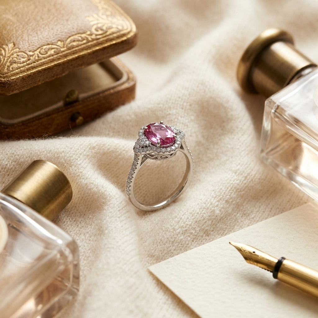 Pink Sapphire Oval & Diamond Ring in 18K White Gold - flat lay
