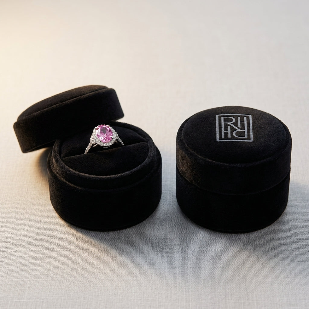 Pink Sapphire Oval & Diamond Ring in 18K White Gold - presentation