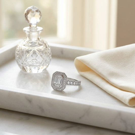 Diamond Emerald Cut Composite Ring in 18K White Gold - editorial