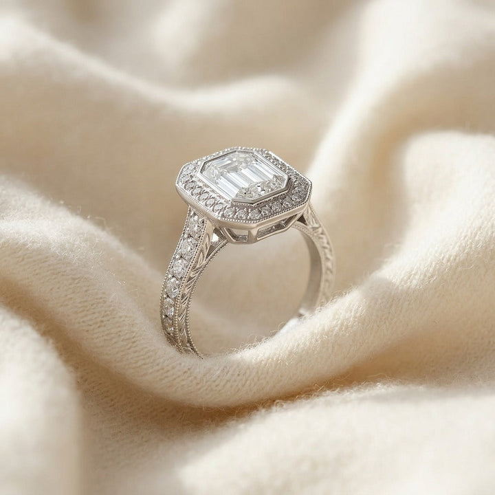 Diamond Emerald Cut Composite Ring in 18K White Gold - flat lay