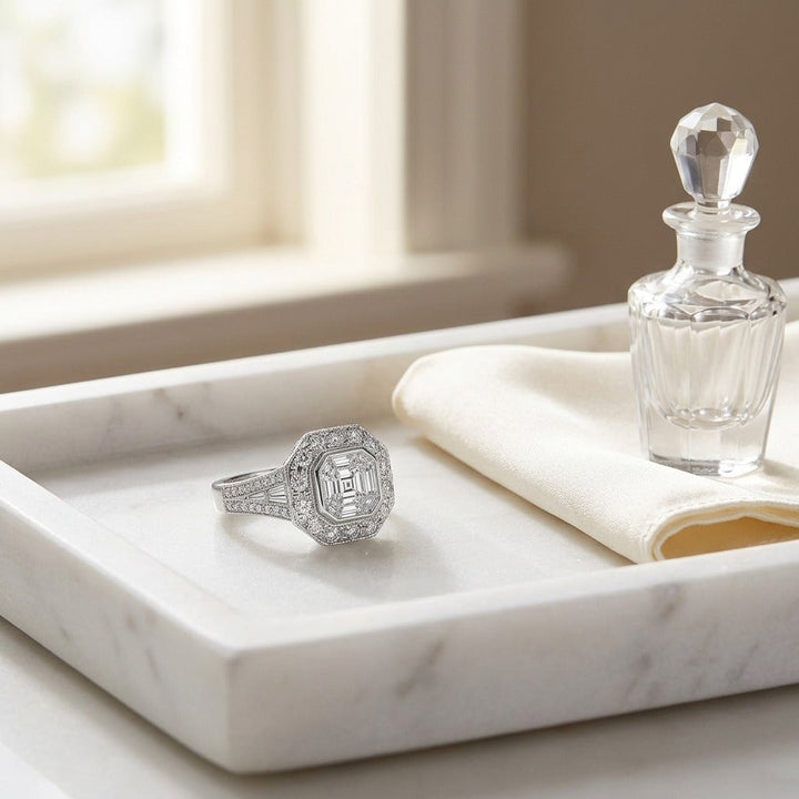Diamond Composite Asscher Center Ring in 18K White Gold - lifestyle