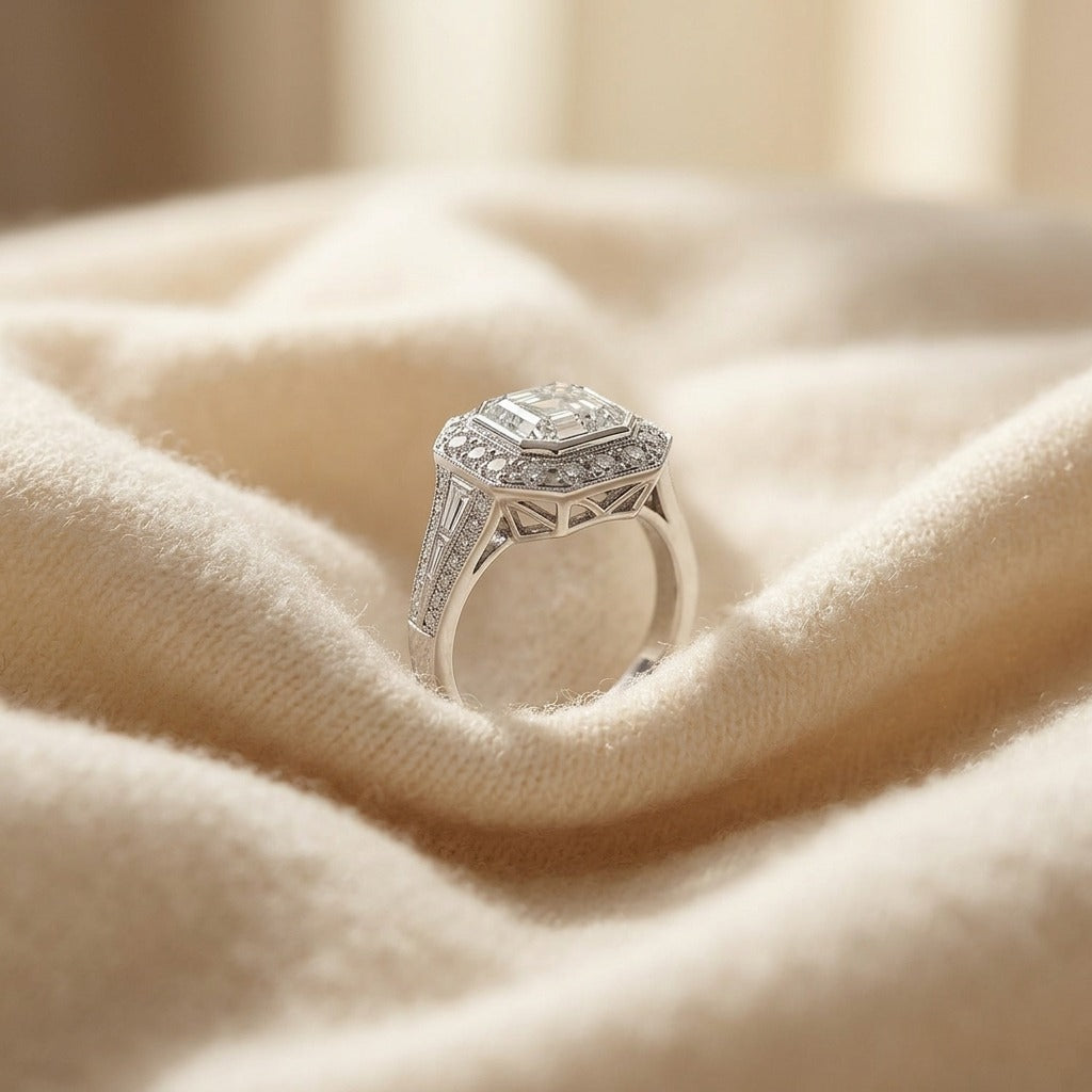 Diamond Composite Asscher Center Ring in 18K White Gold - flat lay