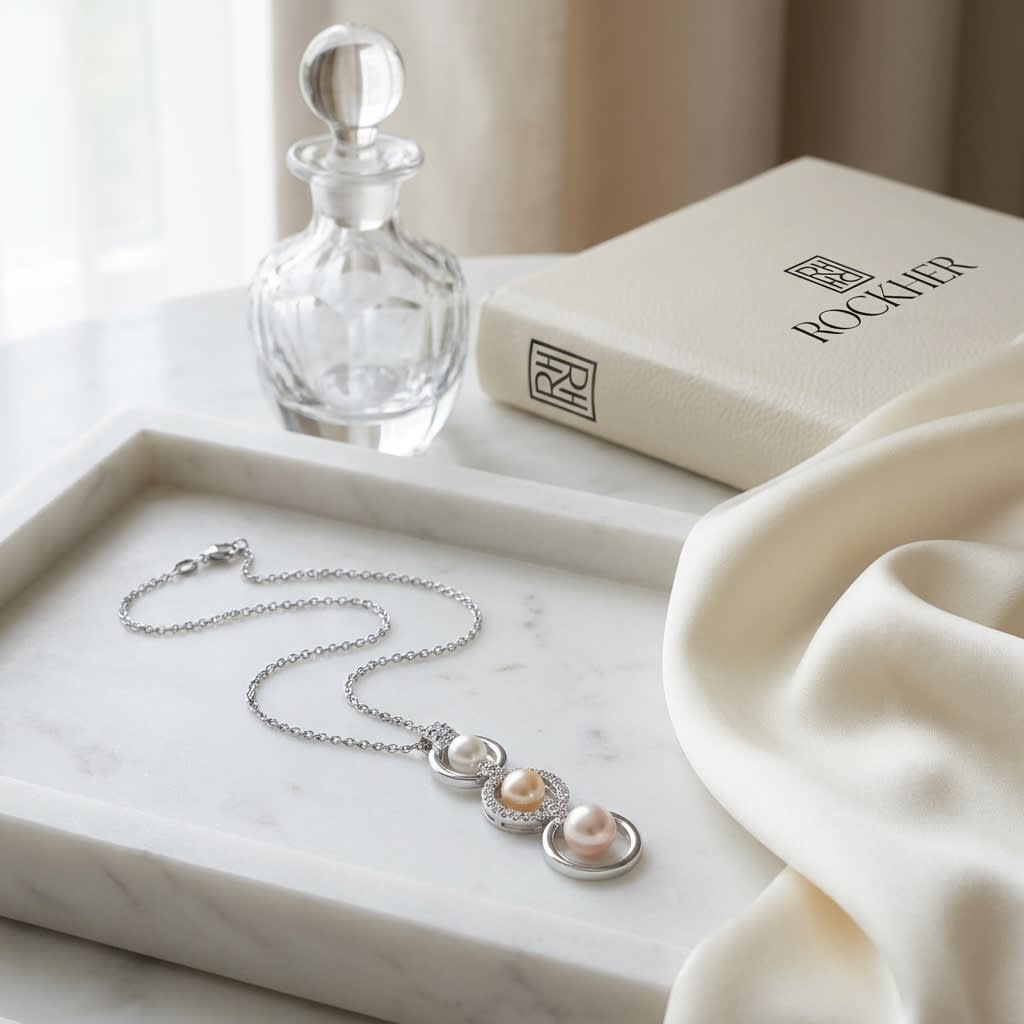 Pearl Pear Shape Pendant in 18K White Gold, on marble vanity tray with silk
