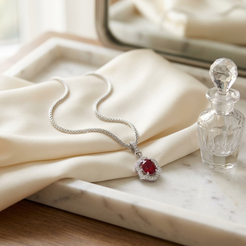 Ruby & Diamond Oval Scalloped Frame Pendant in 18K White Gold - lifestyle