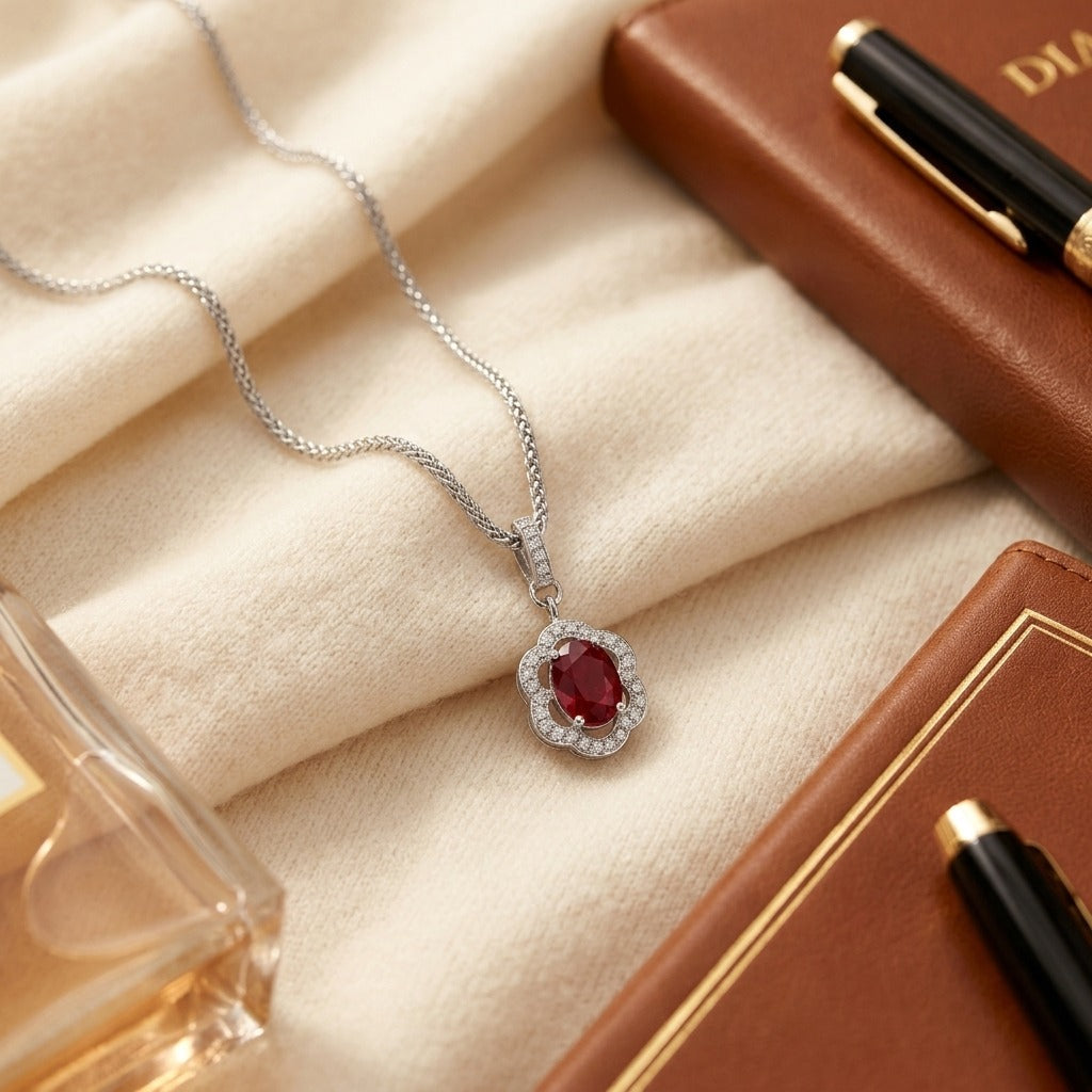Ruby & Diamond Oval Scalloped Frame Pendant in 18K White Gold - flat lay
