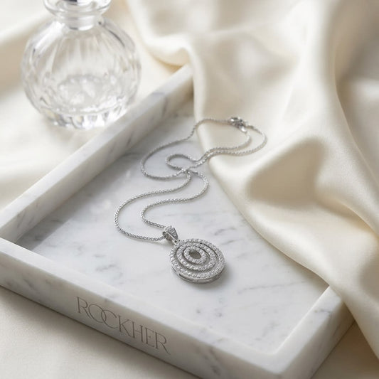 Natural Diamond Oval Pendant in 18K White Gold, 4 ct. t.w., on marble vanity tray with silk
