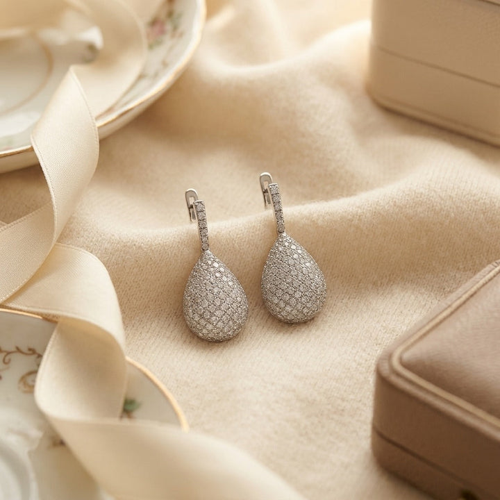Diamond Puff Pave Teardrop Pendant , 17-Inch Rolo Chain in 18K White Gold - flat lay
