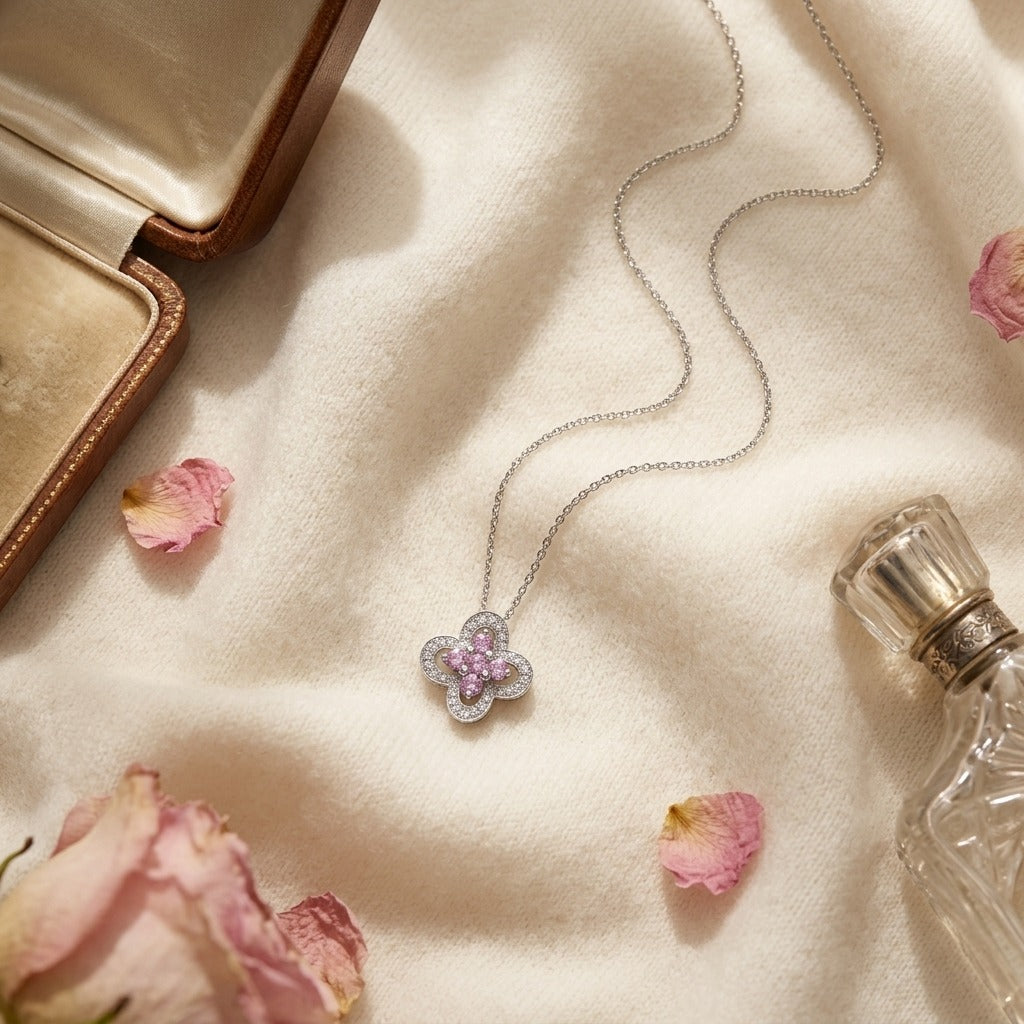 Pink Sapphire & Diamond Four-Petal Floral Necklace in 18K White Gold - flat lay