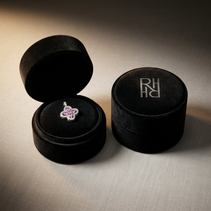 Pink Sapphire & Diamond Four-Petal Floral Necklace in 18K White Gold - presentation